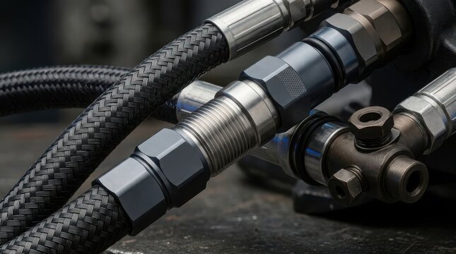 Industrial hydraulic hose assembly with high pressure metallic fittings and braided rubber lines for heavy duty machinery.