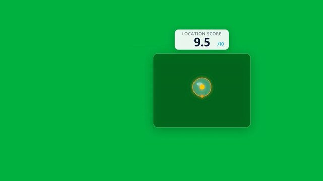 Digital location accessibility score interface with numerical rating and data visualization for map