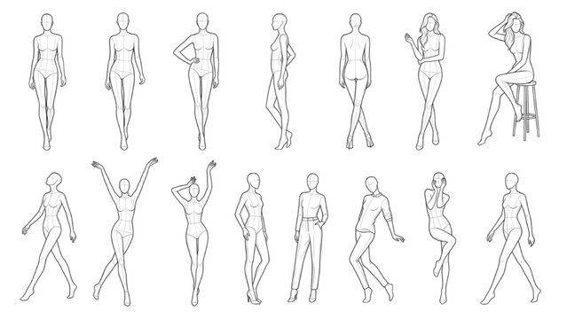 fashion figure pose reference set with female body templates front side back standing walking sitting vector illustration