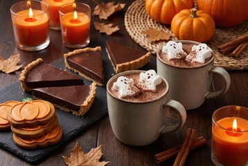 Fototapeta premium Halloween hot chocolate table with chocolate tart and glowing candles