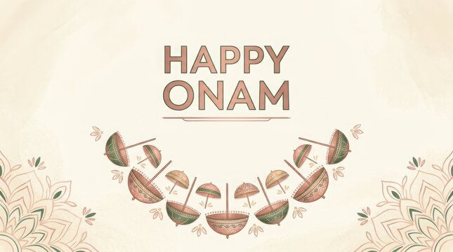 Traditional malayalam festival onam greeting background with decorative paper umbrellas and intricate floral rangoli art.