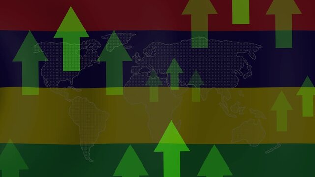 Mauritius Flag with Upward Trends: A dynamic visual representing Mauritius's economic growth, overlaid with green upward arrows and a subtle world map silhouette against the national flag.