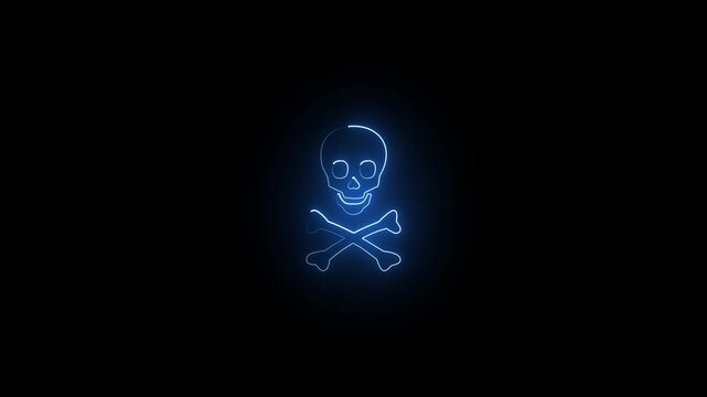 Neon skull and crossbones icons glowing with ethereal blue light against a black backdrop