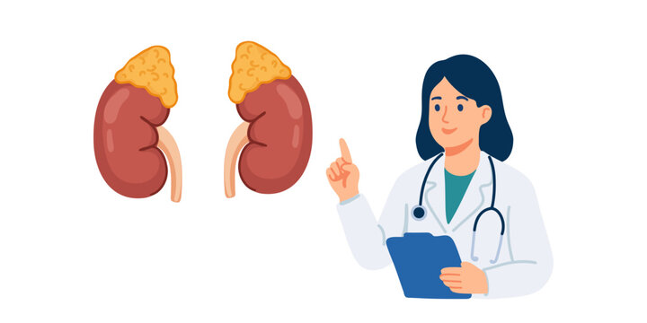female doctor with adrenal glands flat vector icons