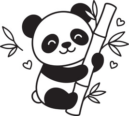 Cute Baby Panda Holding Bamboo Tree Leaves Coloring Page for Kids Vector Illustration © Syed Radif