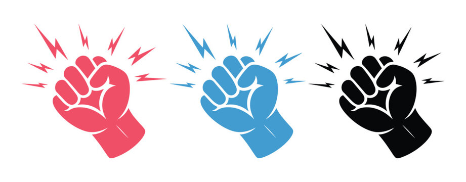 Knocking fist icons illustrating hand knock gesture, impact lines, door knocking, greeting, attention, communication, and notification symbols in outline, solid, and colorful flat vector styles for we