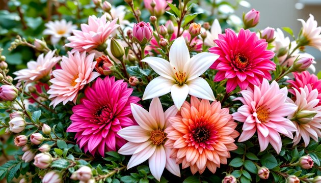 hyper realistic premium botanical arrangement featuring chrysanthemums, dahlias, lilies, eucalyptus branches and delicate fern foliage, extraordinary natural textures, fresh dew droplets