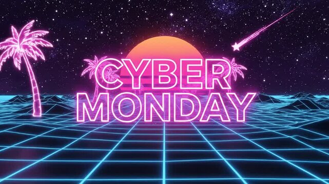 Cyber Monday neon text on synthwave tropical sunset background
