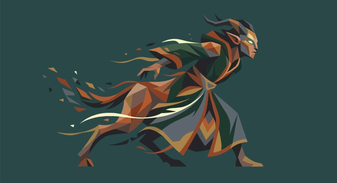 Geometric vector illustration of a running horned mythological creature. Low poly flat design featuring a hybrid humanoid figure with animal legs and trailing triangular shards in motion.