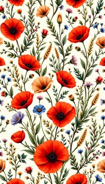 seamless countryside wildflower pattern featuring red poppies, chamomile, cornflowers, wild barley and delicate fern fronds, airy botanical composition, warm cream background, earthy green