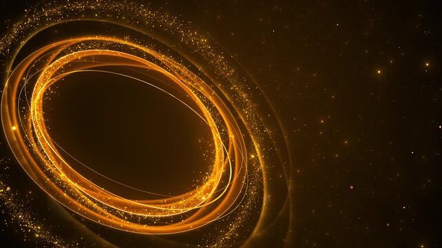 Golden spiral ring light background swirling particles, glowing orbit trails, and dark copy space. luxury intros, logo reveals, award videos, festive titles, premium promos, cinematic motion overlays.