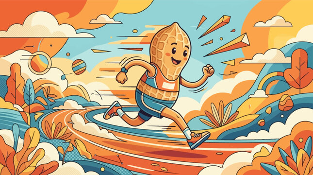 Whimsical anthropomorphic peanut character running a marathon on a stylized track. Colorful flat vector art with abstract landscape, clouds, and vibrant orange and blue tones.
