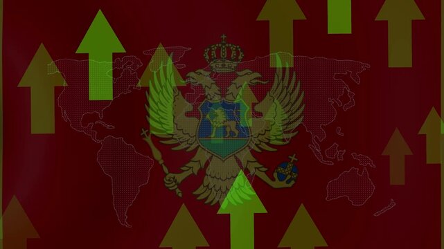 Montenegro Economic Growth: A bold graphic depicting Montenegro's flag overlaid with a world map and numerous green upward arrows, symbolizing national economic growth and global connectivity.