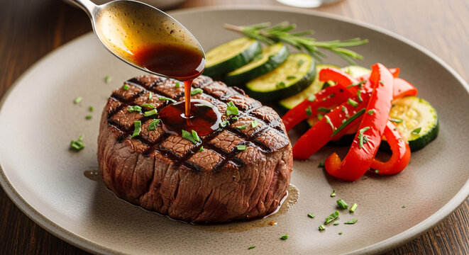 A delicious grilled beef steak being drizzled with a rich savory sauce on a plate.