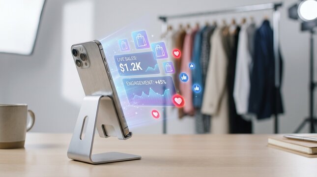 Smartphone displaying live commerce sales analytics in studio