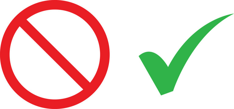 Red forbidden circle cross sign and green check mark icon set for approval and denial