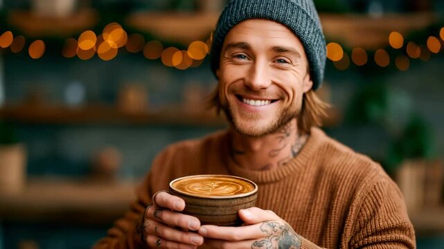 Tattooed Barista Serving Latte in Holiday Coffee Shop