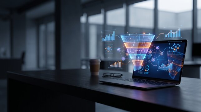 Futuristic digital sales funnel data visualization on laptop