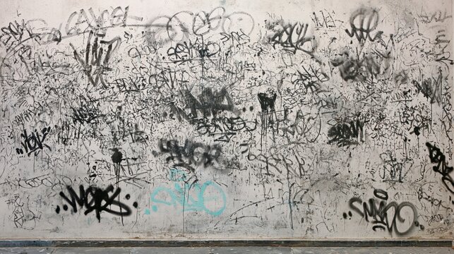 Black graffiti tags and scribbles cover a weathered concrete wall in an urban city environment
