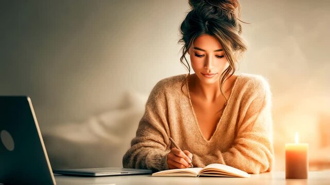 East Asian Freelancer Journaling by Candlelight