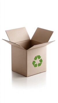 Open cardboard box with a green recycling symbol on the front for eco friendly shipping solutions