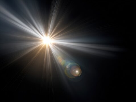 Shining light beam radiates through the darkness creating colorful glowing lens flare effects