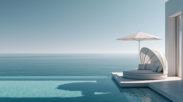 Modern luxury patio with a round lounge chair and umbrella by a quiet sea under clear blue skies
