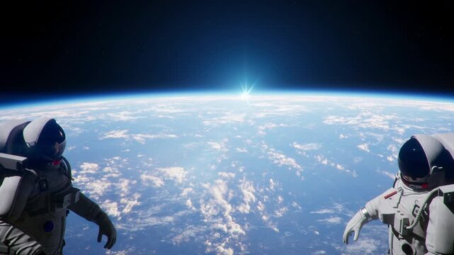 Wide Shot of Astronauts Performing Spacewalk in Deep Space in Zero Gravity Above Planet Earth Horizon.