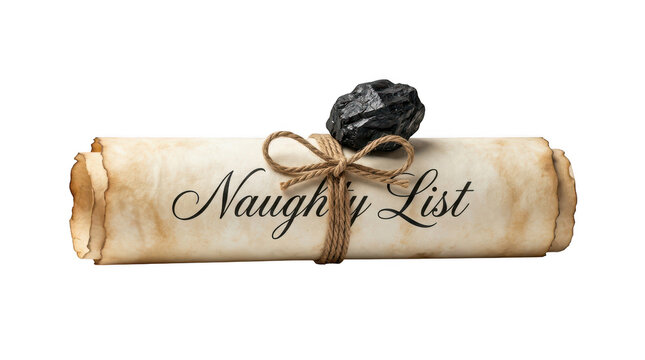 Old paper scroll with naughty list text and coal piece isolated on transparent background