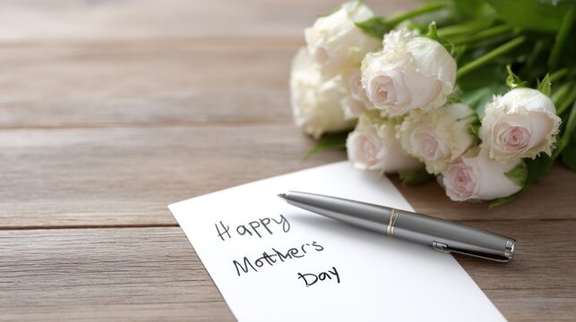 Handwritten note with white roses on a rustic table during a celebration for Mothers Day