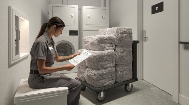 Laundry attendant checking towel bundle count in hotel laundry room
