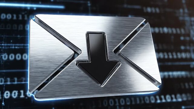 Sleek metallic envelope icon with a bold download arrow against a digital binary backdrop