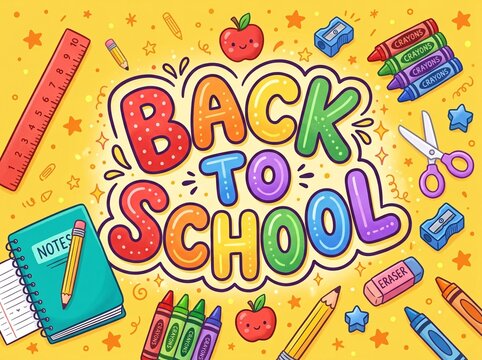 Back to school banner vector illustration with colorful typography, cute school supplies, notebook, pencils, crayons, and apples on yellow background