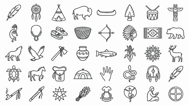 A collection of line art icons representing various aspects of Native American culture, including animals, symbols, and traditional items.