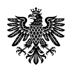 Fototapeta premium A vector heraldic illustration of an eagle with spread wings holding a blank shield on its chest, on white background. Design element for logo, label, sign. Vector illustration
