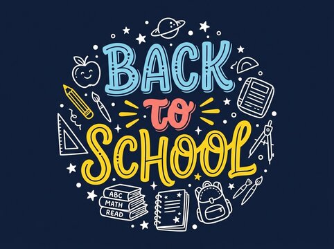 Colorful back to school handdrawn lettering with school supplies illustration on dark blue background