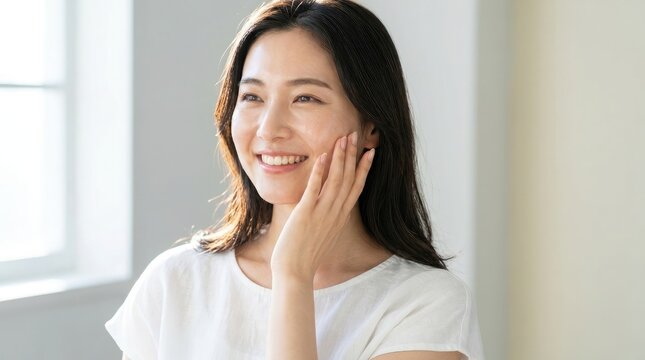 明るいモダンな部屋で、透き通るような肌をした美しい若い日本人女性が、頬にそっと触れながら幸せそうに微笑んでいる。