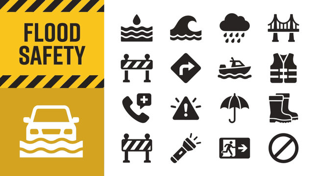 Emergency Preparedness and Disaster Response Icon Set for Flood Safety Awareness and Risk Mitigation Planning