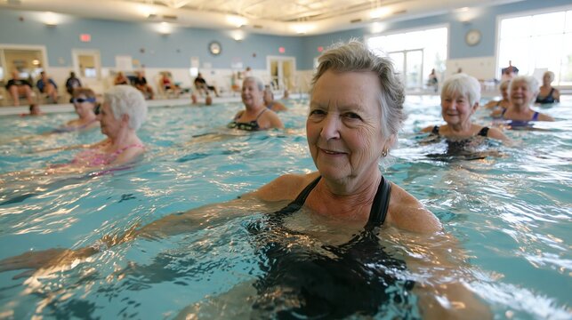 Senior women enjoying a water aerobics class in an indoor swimming pool, promoting healthy aging and active lifestyles for older adults