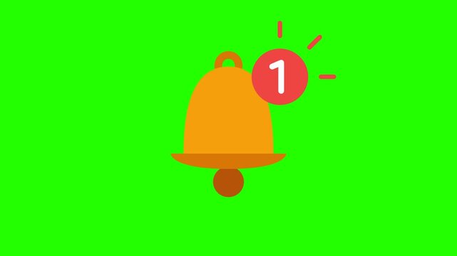 Animated notification bell icon with a new alert symbol and glowing effect on a vibrant green screen chroma key background