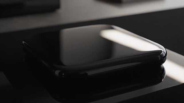 Sleek, glossy white and black wireless charging pad resting on a reflective black surface