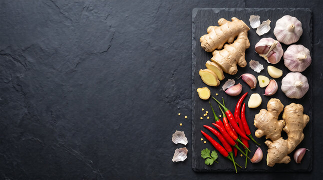 Ginger Garlic And Chili Peppers On Slate Food Photography