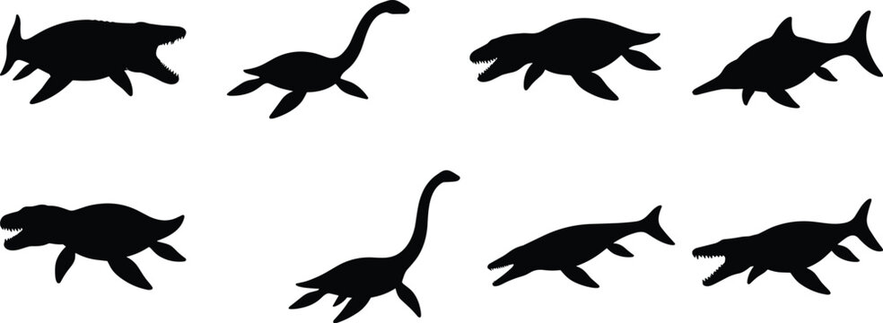 Prehistoric Marine Reptile Silhouette Vector Set Featuring Plesiosaur, Mosasaur, and Ichthyosaur Designs