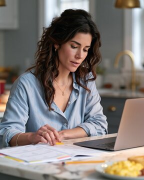 Working mother organizing weekly planner at kitchen island with laptop closed