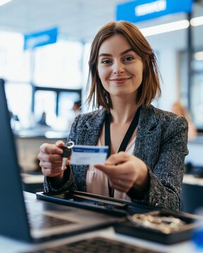 Young Female IT Support Specialist Handing Security Key and Quick-Start Card at Service Desk