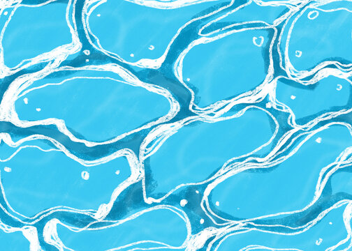 Abstract light blue water surface pattern with artistic curved lines, digital painting style water texture for background.