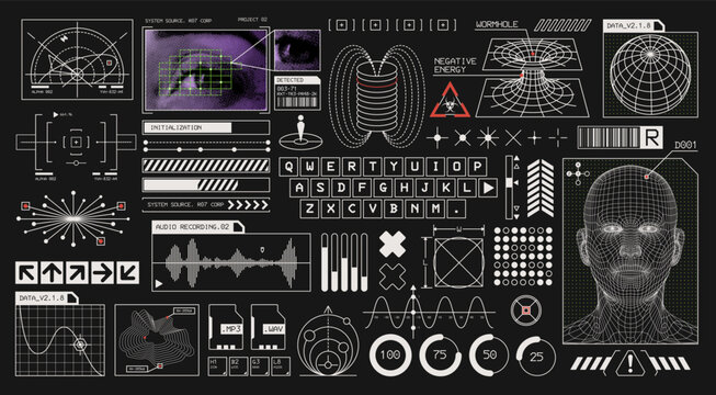 Mega Set of Futuristic UI Elements and Cyberpunk Interface Components, Sci-Fi HUD Shapes, Frames and Micrographic Design Assets for Technology Dashboard Templates.