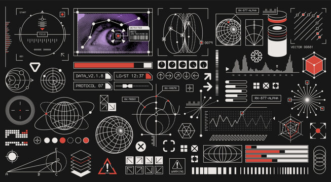 Mega Set of Futuristic UI Elements and Cyberpunk Interface Components, Sci-Fi HUD Shapes, Frames and Micrographic Design Assets for Technology Dashboard Templates.
