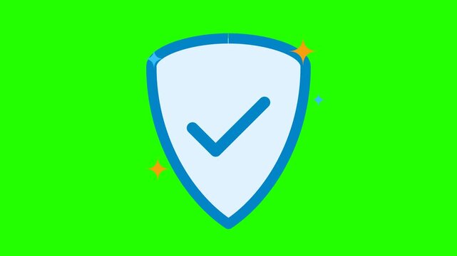 A blue shield icon with a checkmark inside and sparkling effects on a green background
