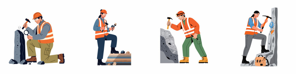 Set of geologists and miners working with rocks, crystals, and fossils in protective gear, flat vector illustration. © Cici